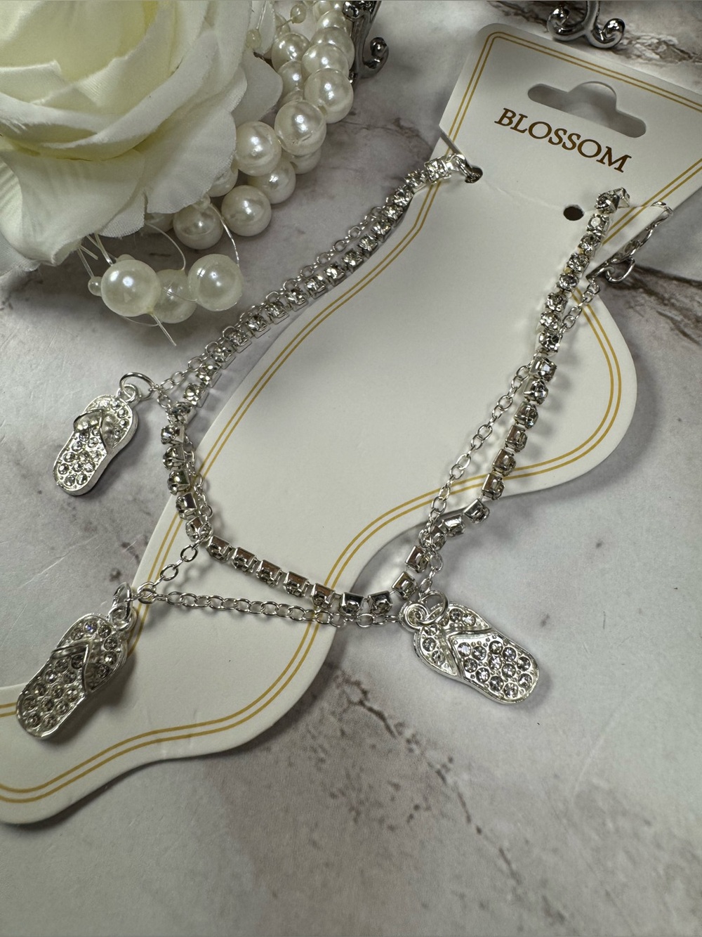 Silver Charm Anklet with Crystal Flip-Flop Charms